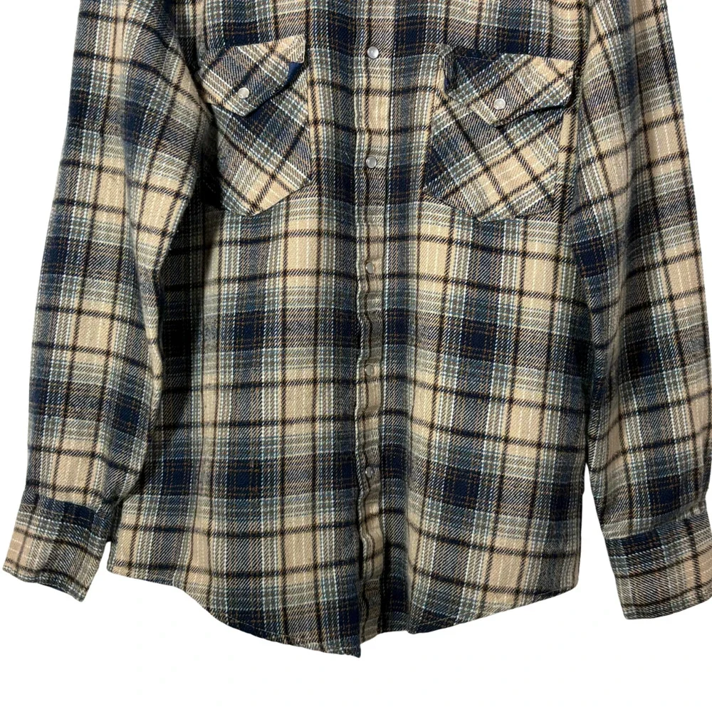 Tan Blue Shacket Pearl Snap Shirt Timber Run Flannel Plaid Boys Medium Vintage